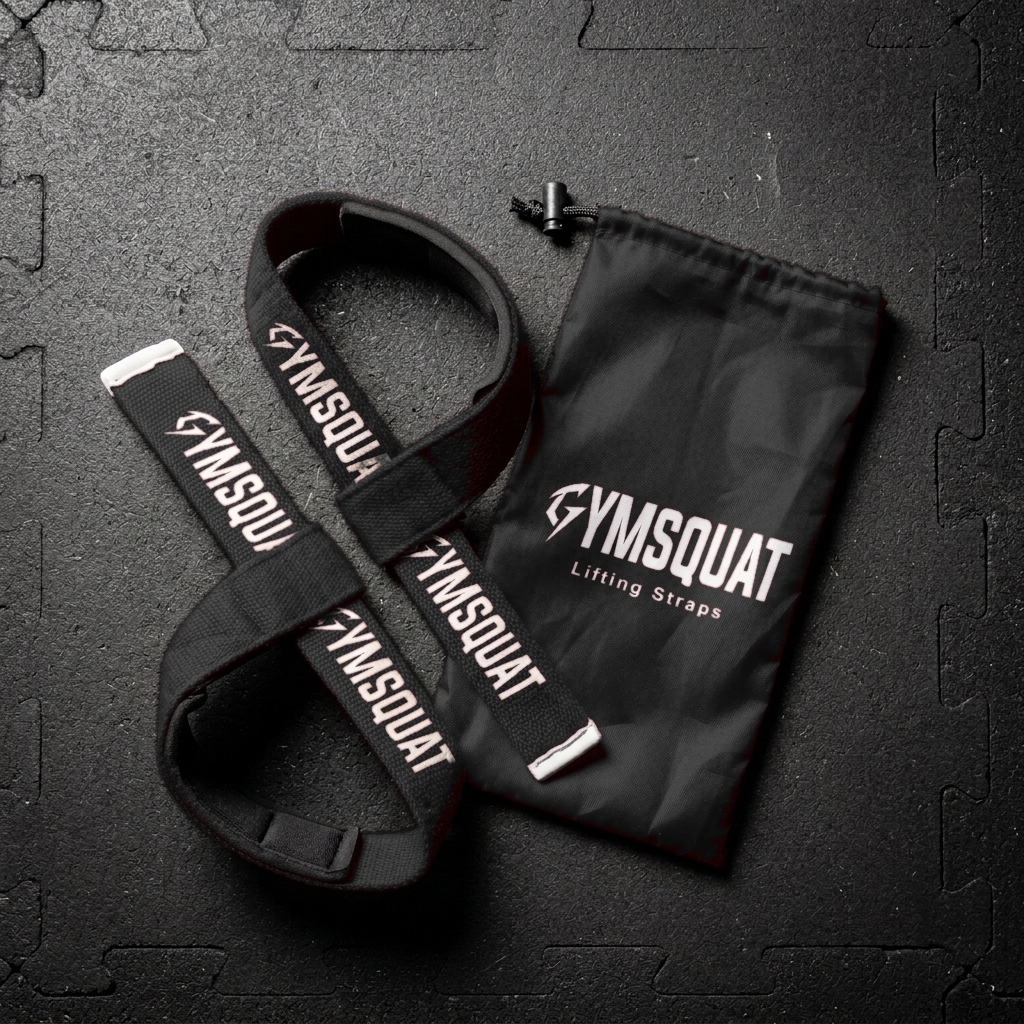 GYMSQUAT Self Applying Lifting Straps - Black - crossed straps with pouch