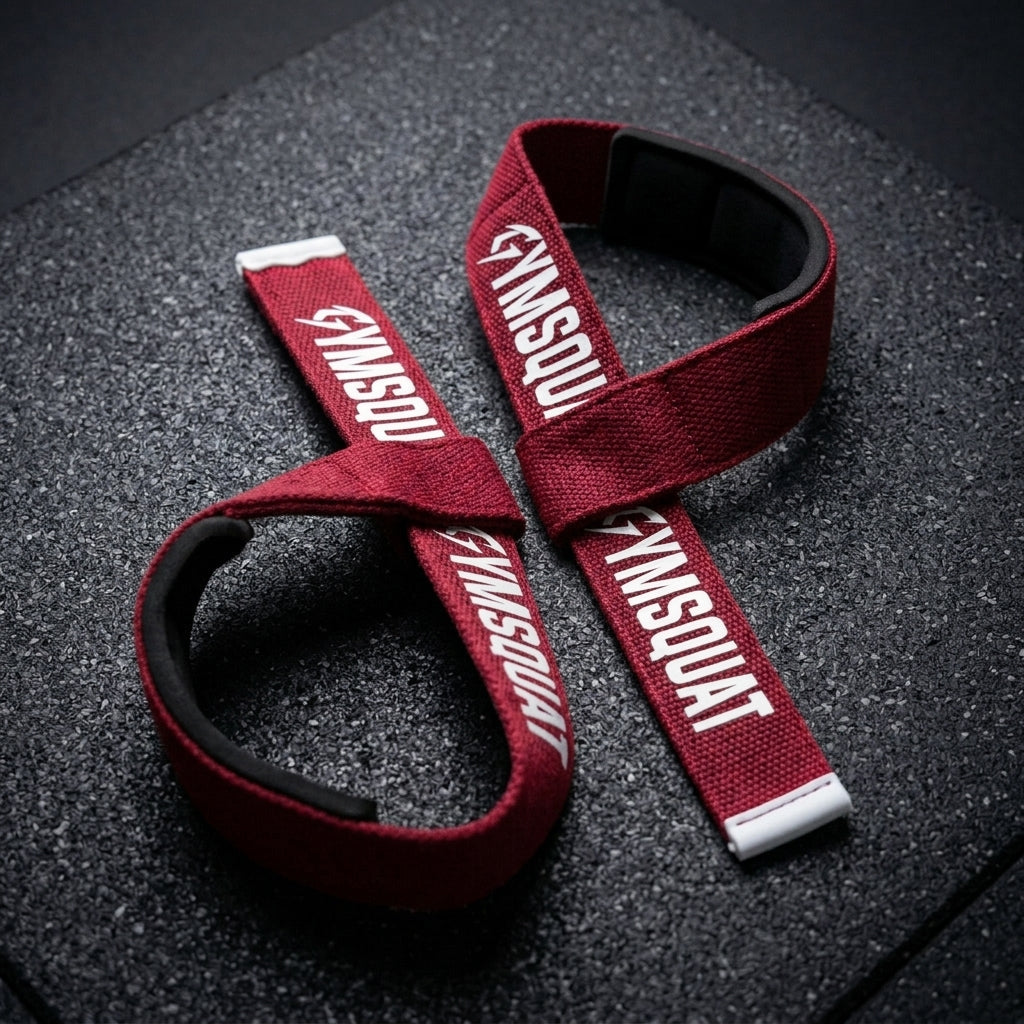 GYMSQUAT Self Applying Lifting Straps - Red - crossed straps