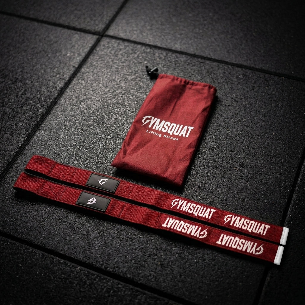 GYMSQUAT Self Applying Lifting Straps - Red - straps with carry pouch
