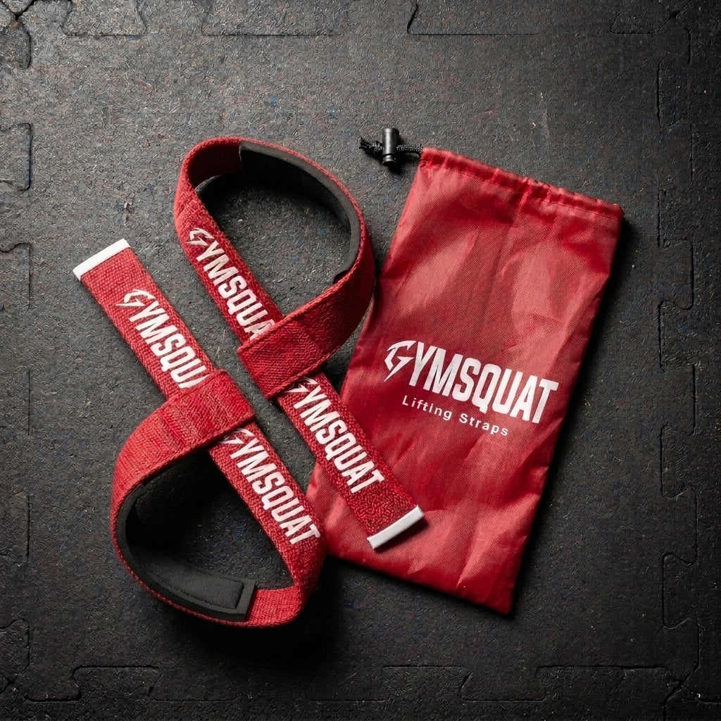 GYMSQUAT Self Applying Lifting Straps - Red - crossed straps with pouch